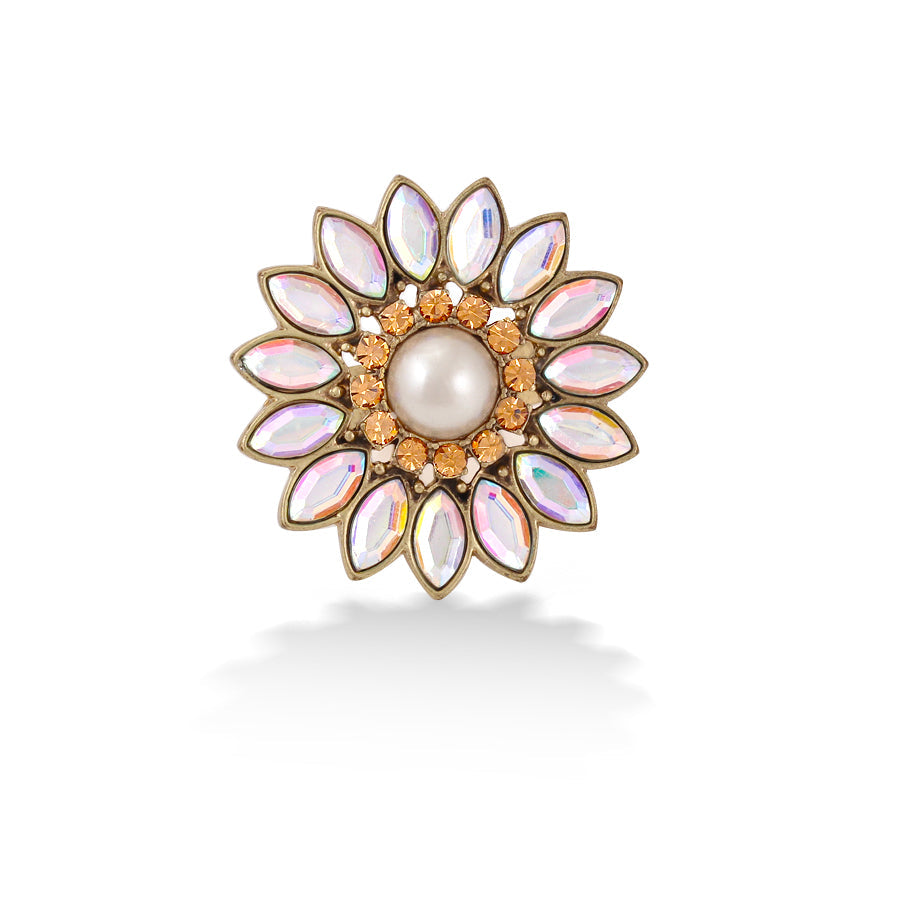 Gold-Tone Metal Simulated Pearl And Rainbow Crystal Adjustable To Fit Most Size Ring