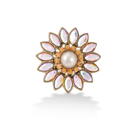 Gold-Tone Metal Simulated Pearl And Rainbow Crystal Adjustable To Fit Most Size Ring