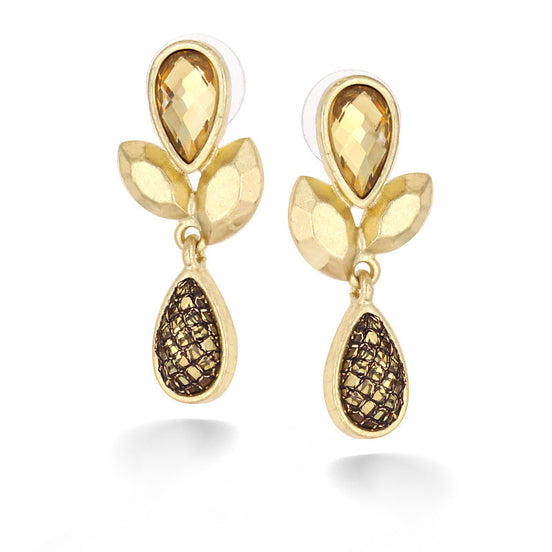 Gold Matte Finished Metal Tone Crystal Drop Earrings