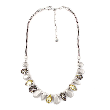 Silver-Tone Matte Finished Metal Yellow Crystal Necklace 