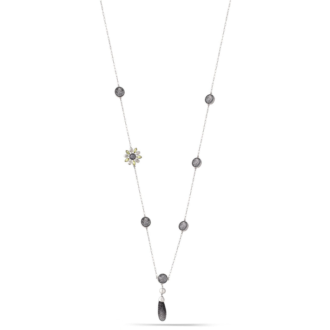 Silver-Tone Matte Finished Metal Yellow Crystal Necklace 