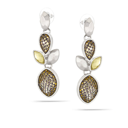 Silver-Tone Matte Finished Metal Lemon Crystal Drop Earrings