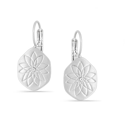 Rhodium-Tone Metal Flower Engraving Crystal Earrings