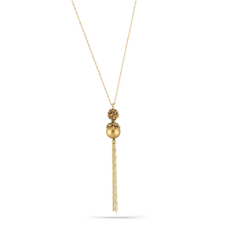 Gold-Tone Metal Chain Gold Pearl And Orange Crystal Pearl Pave Ball Tasselnecklace