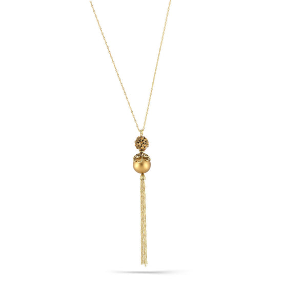 Gold-Tone Metal Chain Gold Pearl And Orange Crystal Pearl Pave Ball Tasselnecklace