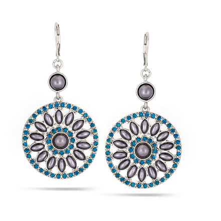 Silver-Tone Metal Grey Pearl Blue Crystal Drop Earrings