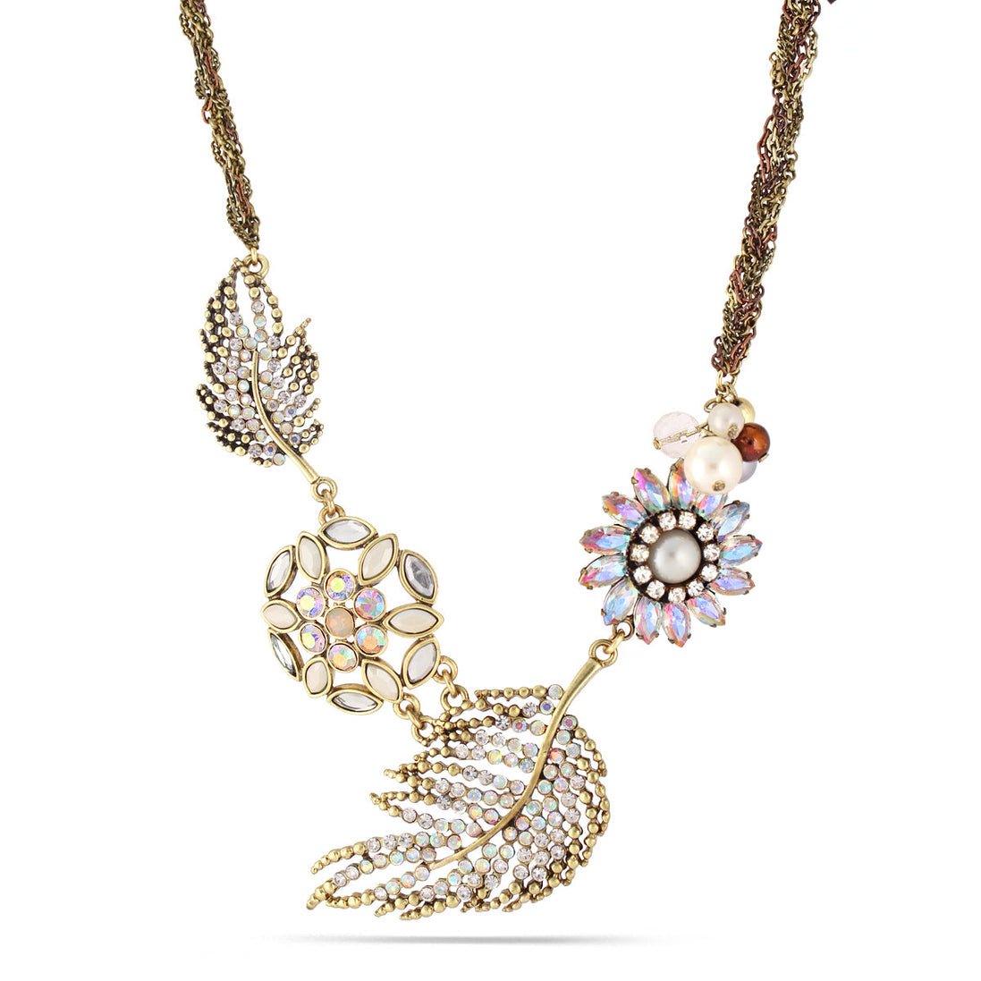 Gold-Copper-Tone Metal Rainbow Crystal Pearl Necklace