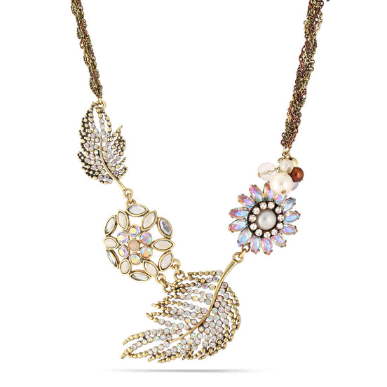 Gold-Copper-Tone Metal Rainbow Crystal Pearl Necklace