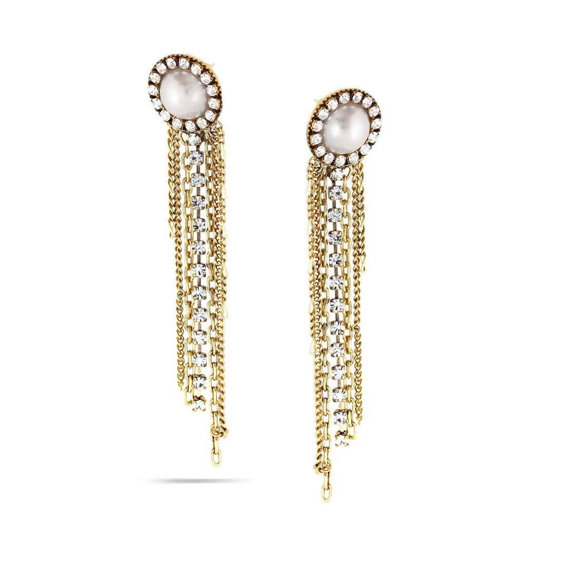 Gold-Tone Metal Pearl Crystal Tassel Earrings