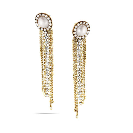 Gold-Tone Metal Pearl Crystal Tassel Earrings