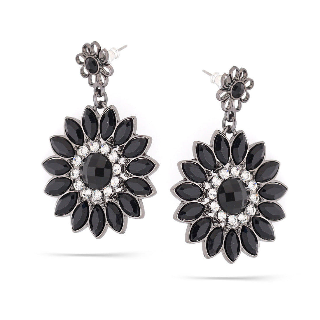 Hematite-Tone Metal Black And White Crystal Flower Earrings