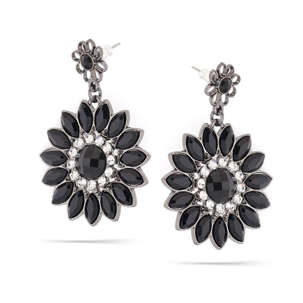 Hematite-Tone Metal Black And White Crystal Flower Earrings