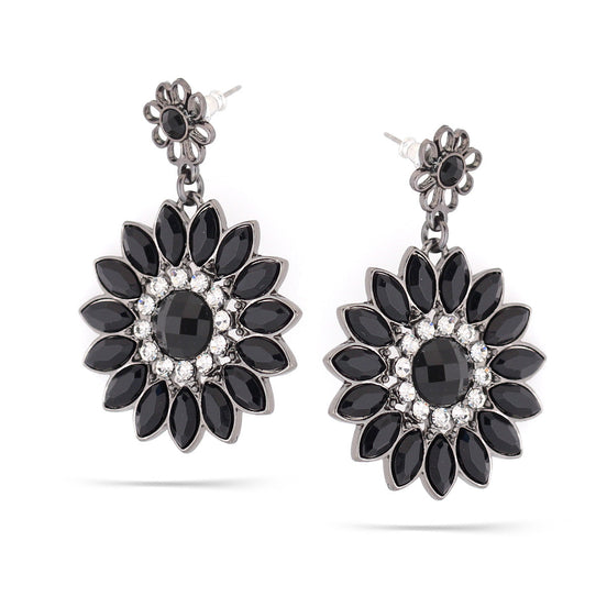 Hematite-Tone Metal Black And White Crystal Flower Earrings