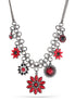 Hematite -Tone Metal Red Crystal Flower Charm Necklace
