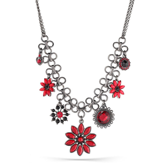 Hematite -Tone Metal Red Crystal Flower Charm Necklace