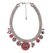Hematite-Tone Metal Red Crystal Flower Charm Necklace
