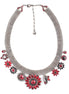 Hematite-Tone Metal Red Crystal Flower Charm Necklace