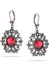Hematite-Tone Metal Red Crystal Filigree Earrings