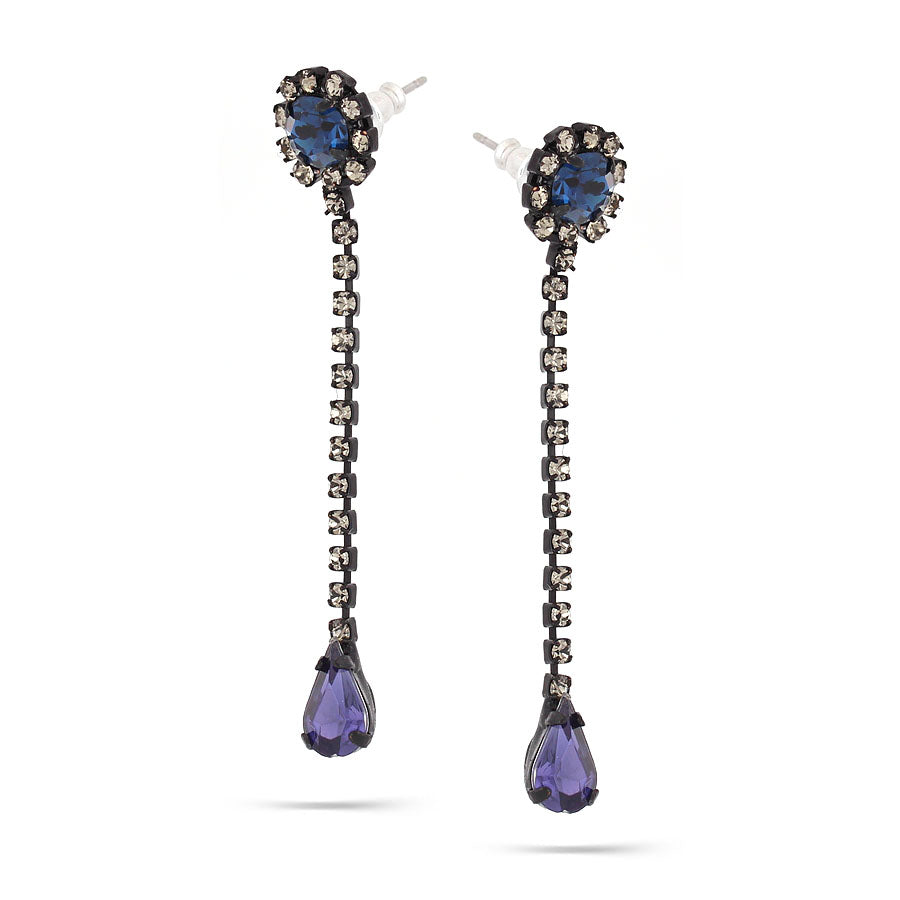 Black-Tone Metal Blue And White Crystal Dangle Earrings`
