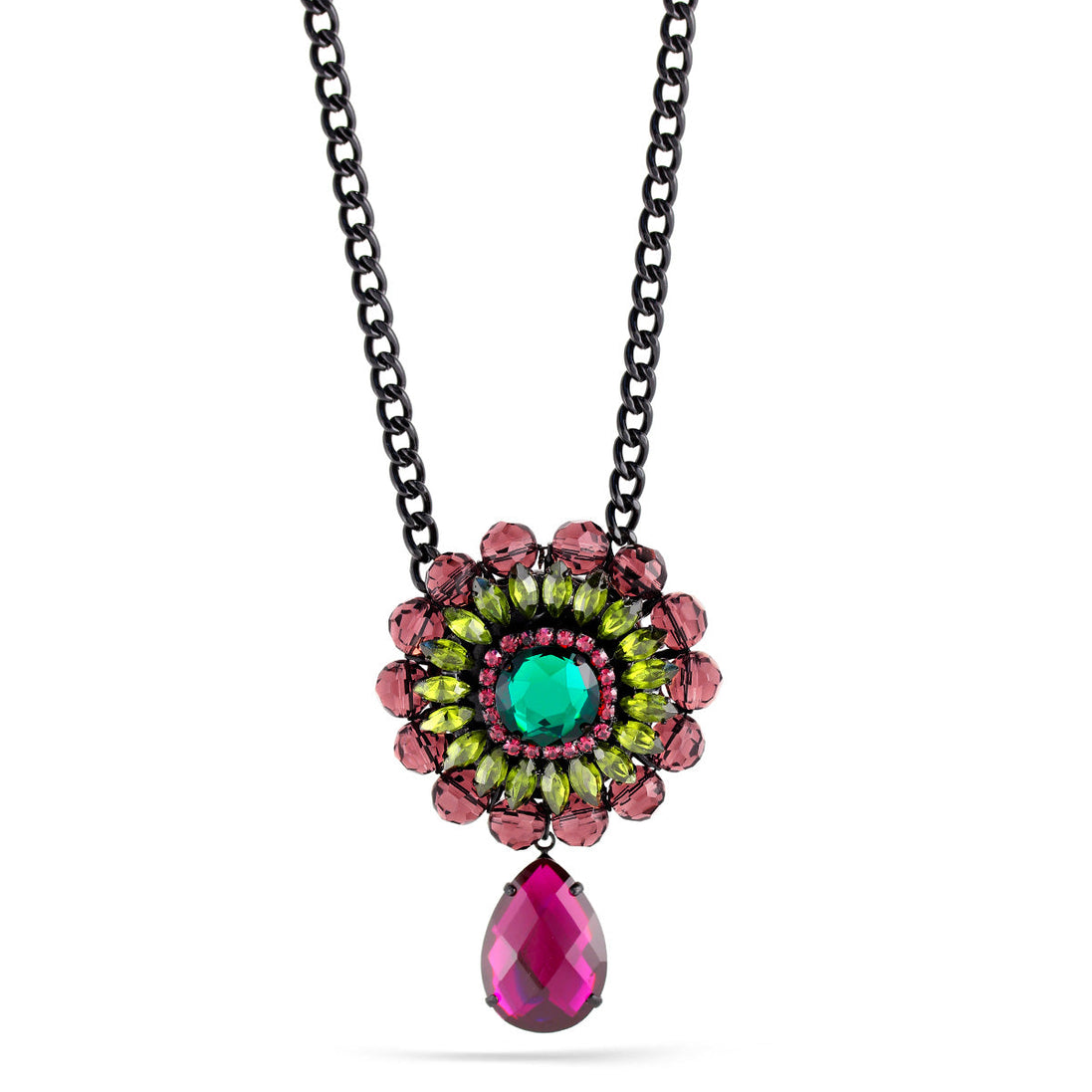 Black-Tone Metal Multi Color Faceted Crystal Teardropnecklace