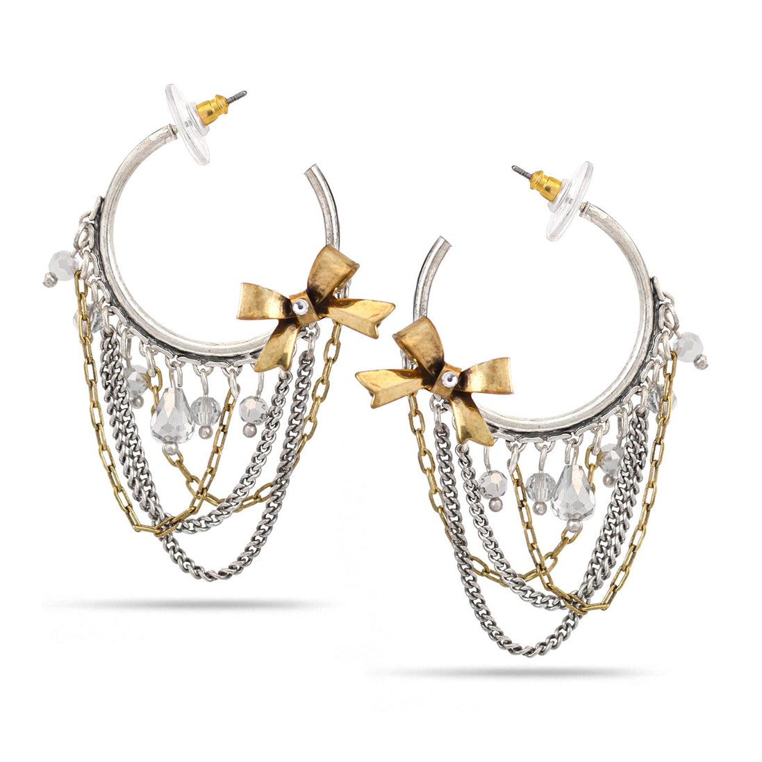 Silver And Gold-Tone Metal Bow Crystal Stud Earrings