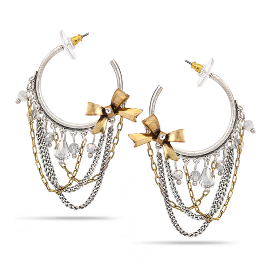 Silver And Gold-Tone Metal Bow Crystal Stud Earrings