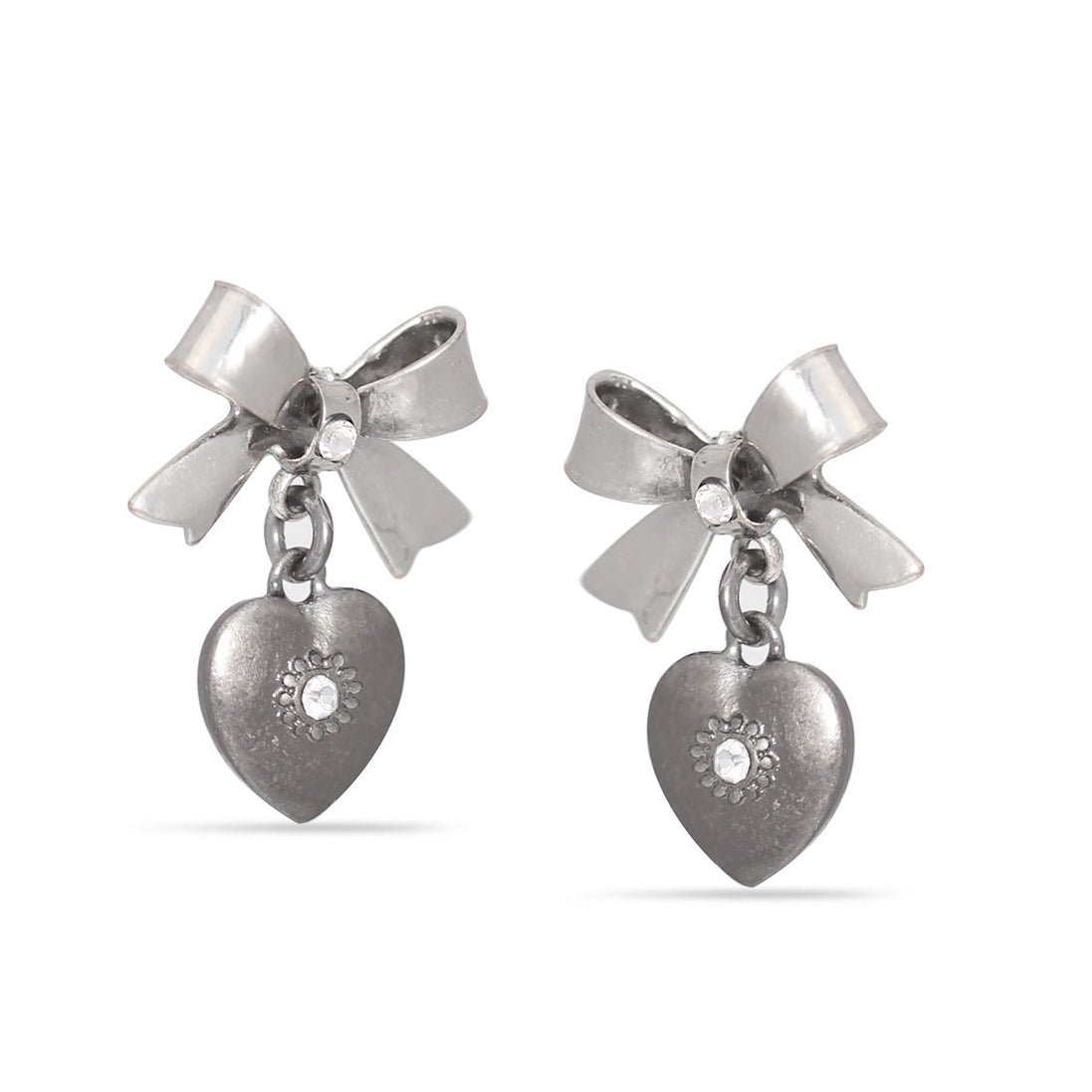 Hemtite-Tone Metal Heart And Bow Crystal Stud Earrings