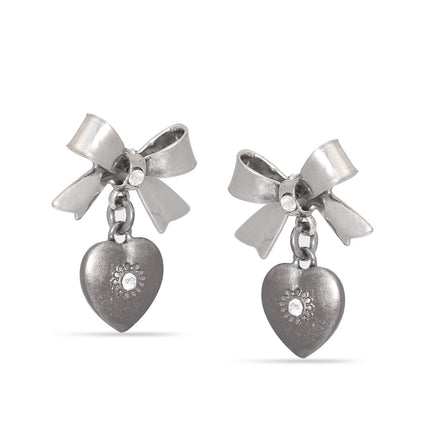 Hemtite-Tone Metal Heart And Bow Crystal Stud Earrings