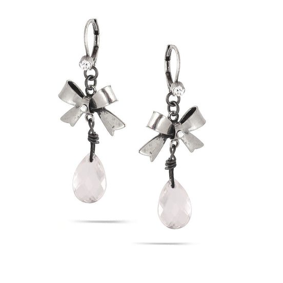 Rhodium -Tone Metal Bow Crystal Drop Earrings