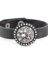 Black-Silver-Tone Metal Flower Embosed Crystal Black Strap Buckle Bracelets