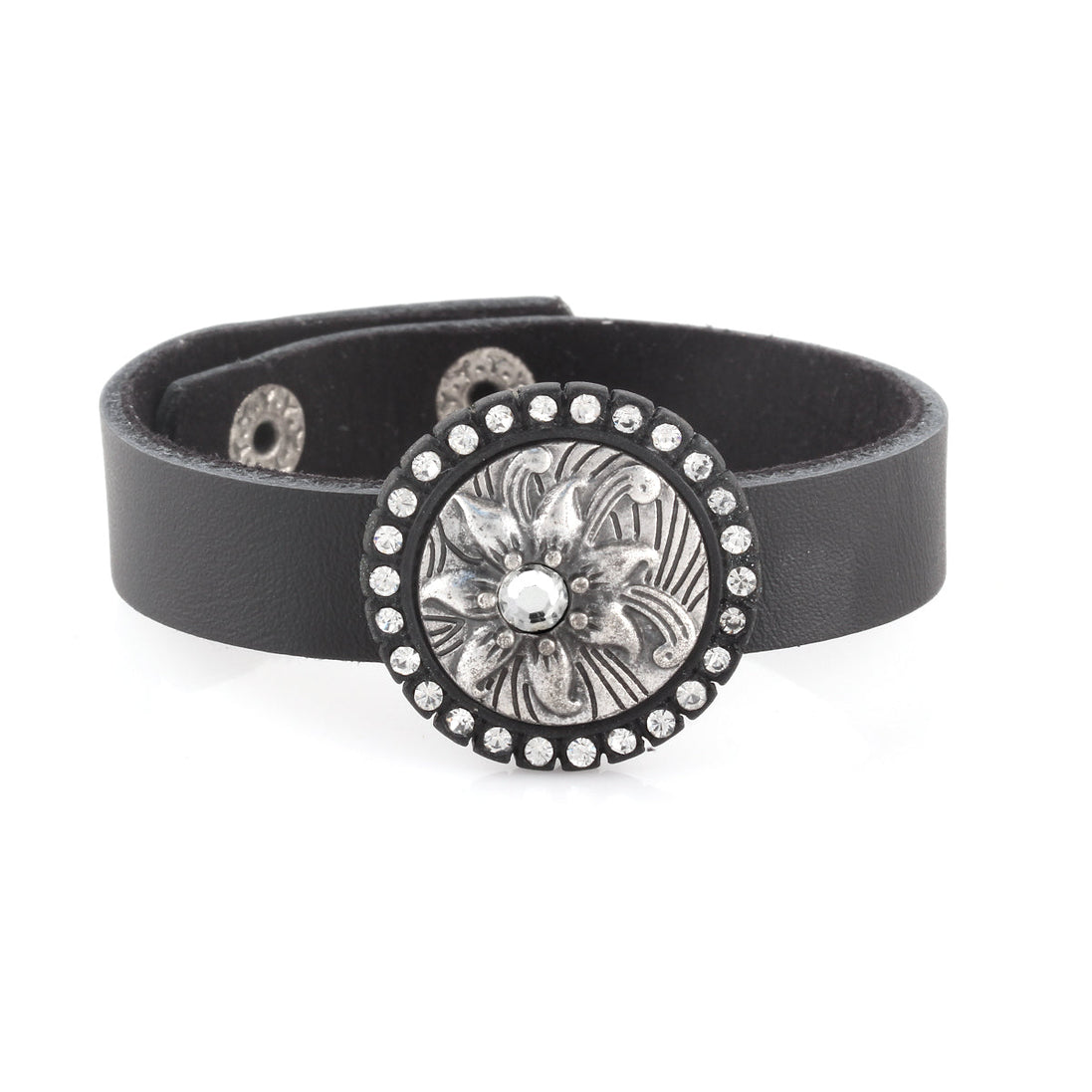 Black-Silver-Tone Metal Flower Embosed Crystal Black Strap Buckle Bracelets