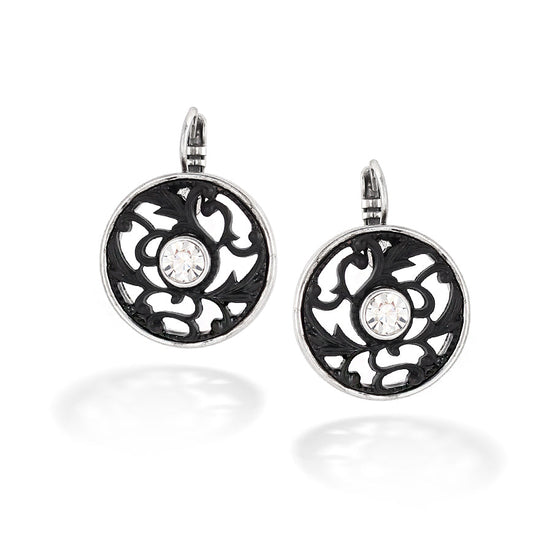 Rhodium-Black-Tone Metal White Crystal Earrings