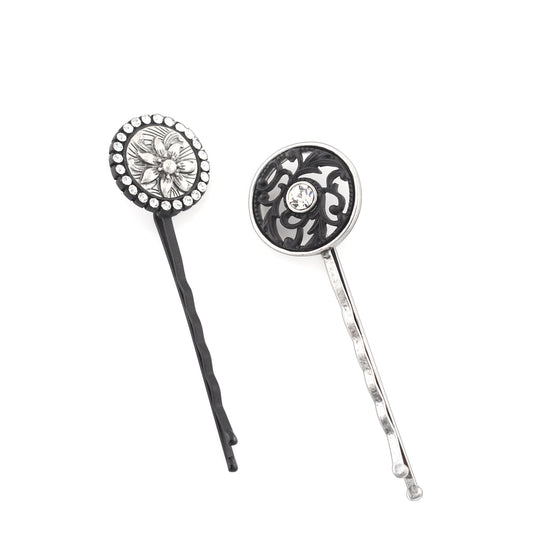 Black- Silver-Tone Metal White Crystal Hair Clip