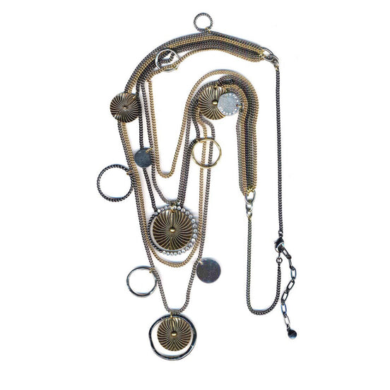 Gold-Silver-Hematite-Tone Metal White Crystal Fivelayered Necklace