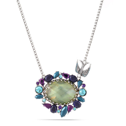 Rhodium-Tone Metal Bird Charm Mix Color Crystal Necklace