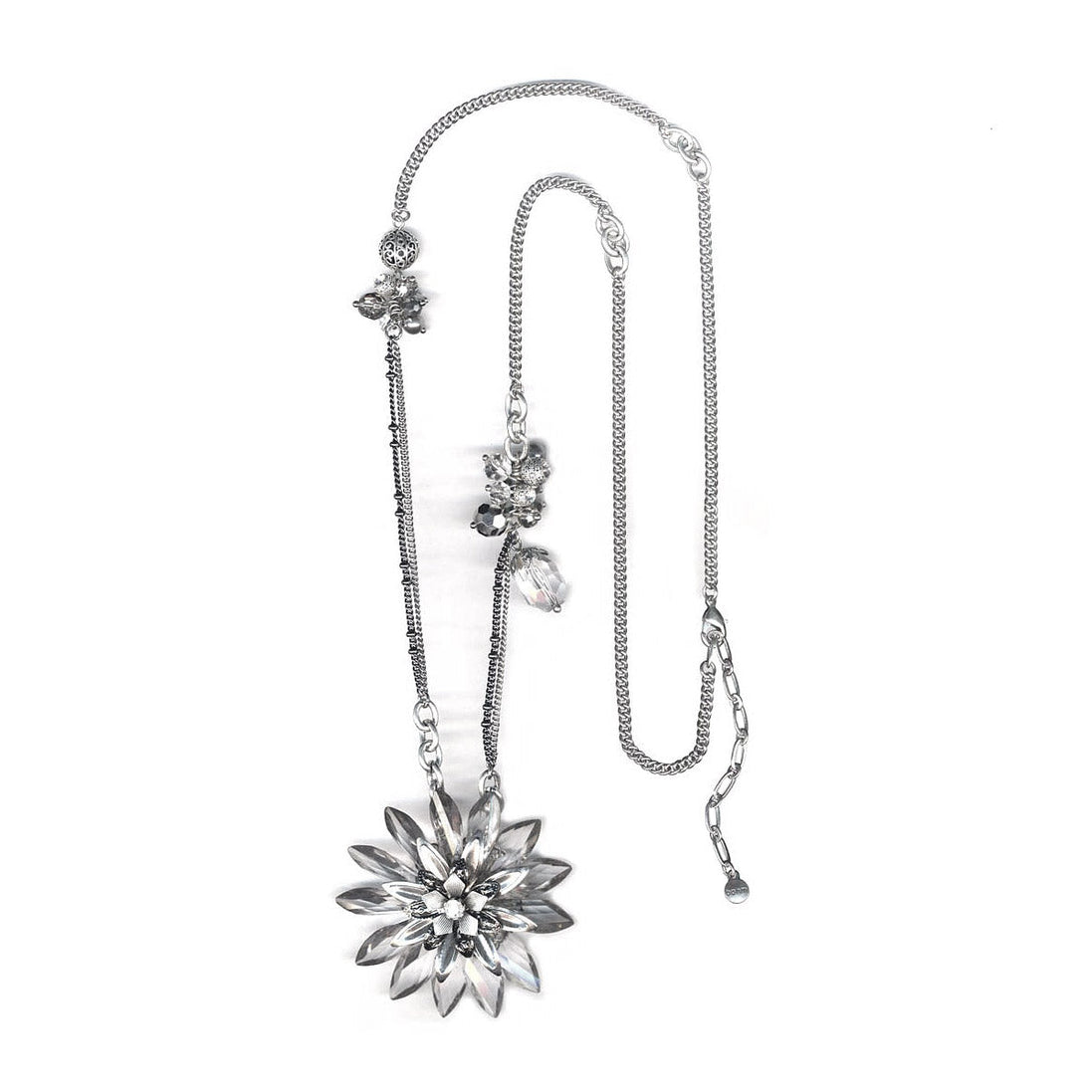 Rhodium-Tone Metal White Crystal Mix Charm Necklace