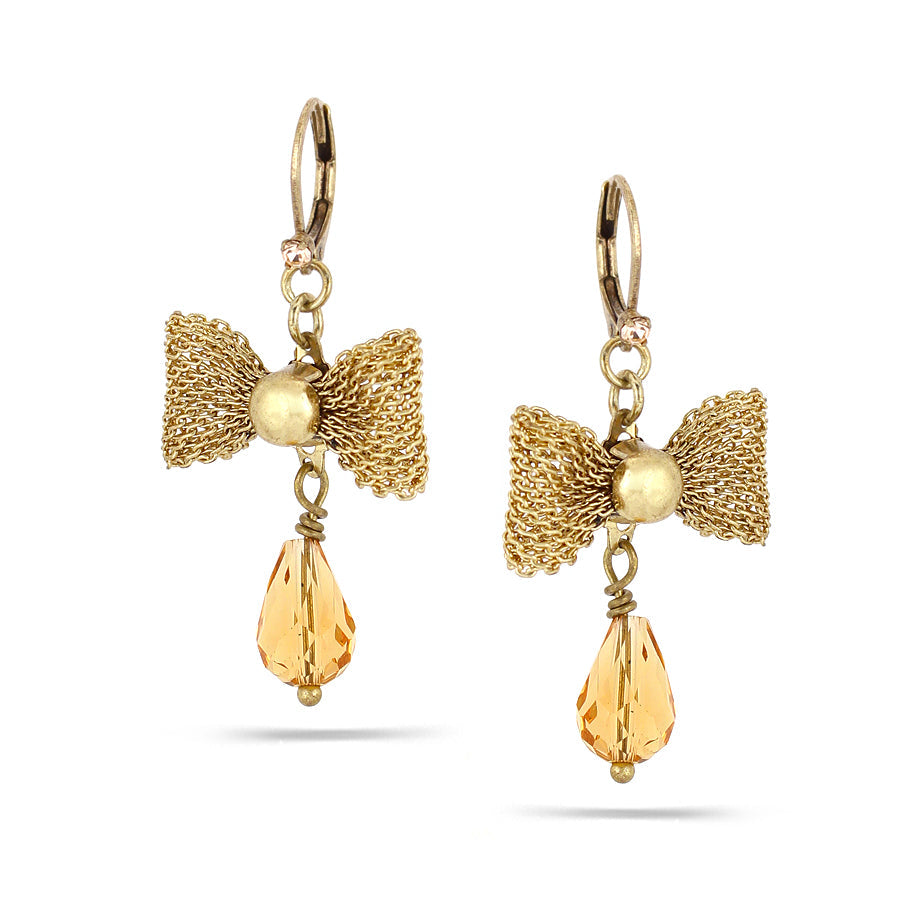 Gold-Tone Metal Gold Bow Tie Orange Earrings