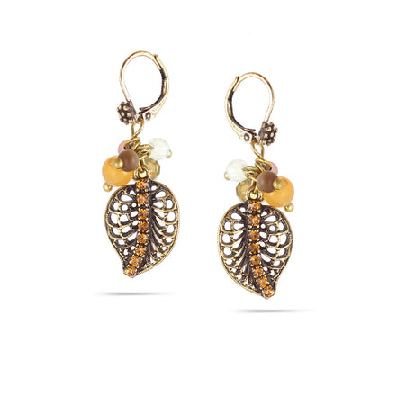 Gold-Tone Metal Filigree Leaf Crystal Earrings
