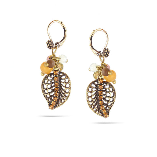 Gold-Tone Metal Filigree Leaf Crystal Earrings