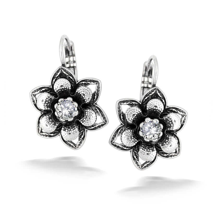 Silver-Tone Metal Crystal Flower Earrings