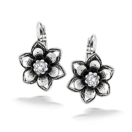 Silver-Tone Metal Crystal Flower Earrings