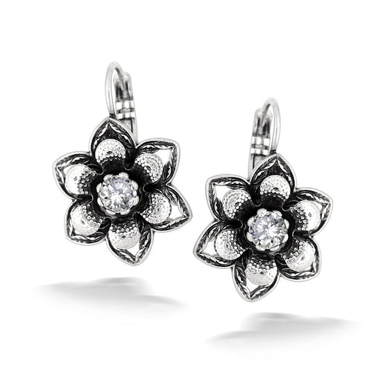 Silver-Tone Metal Crystal Flower Earrings