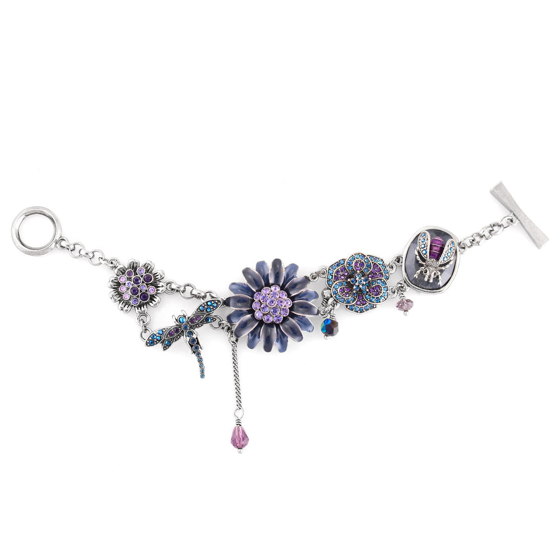 Rhodium-Tone Metal Amethyst And Swarovski Crystal Mix Charm Wrap Around Bracelets