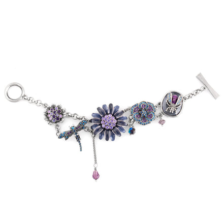 Rhodium-Tone Metal Amethyst And Swarovski Crystal Mix Charm Wrap Around Bracelets