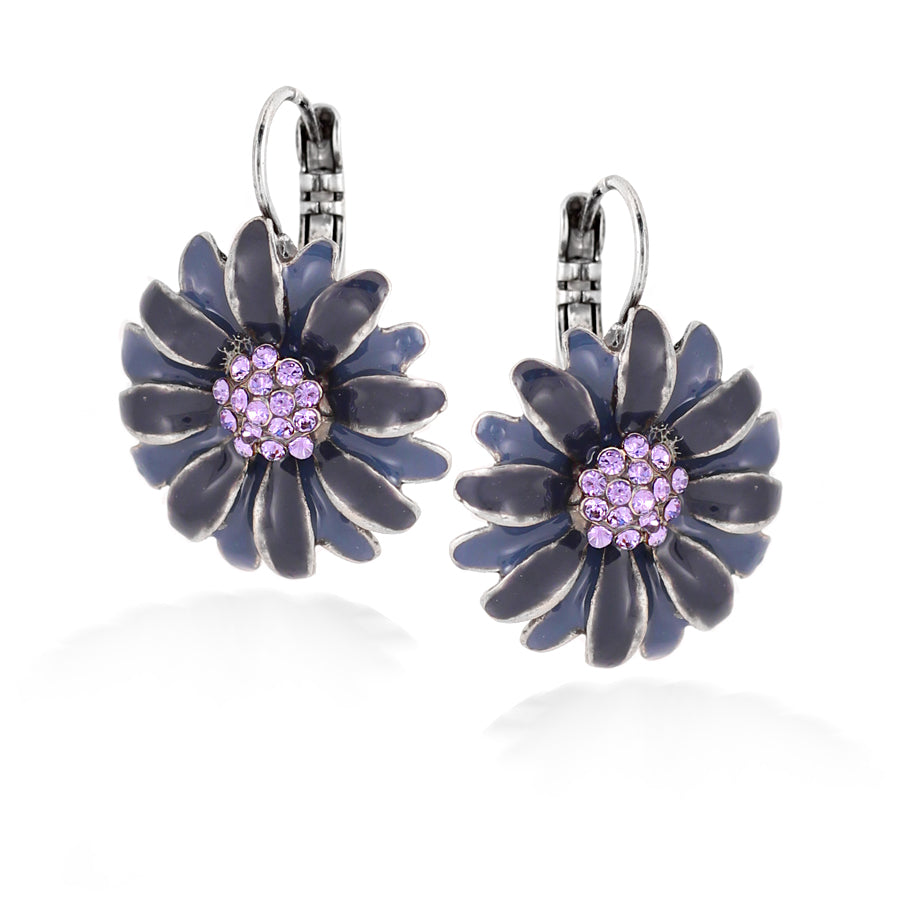 Rhodium-Tone Metal Amethyst Crystal Blue Enamel Flower Earrings