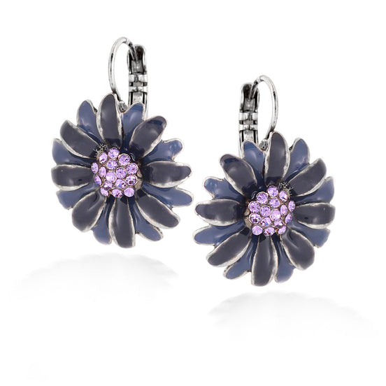 Rhodium-Tone Metal Amethyst Crystal Blue Enamel Flower Earrings