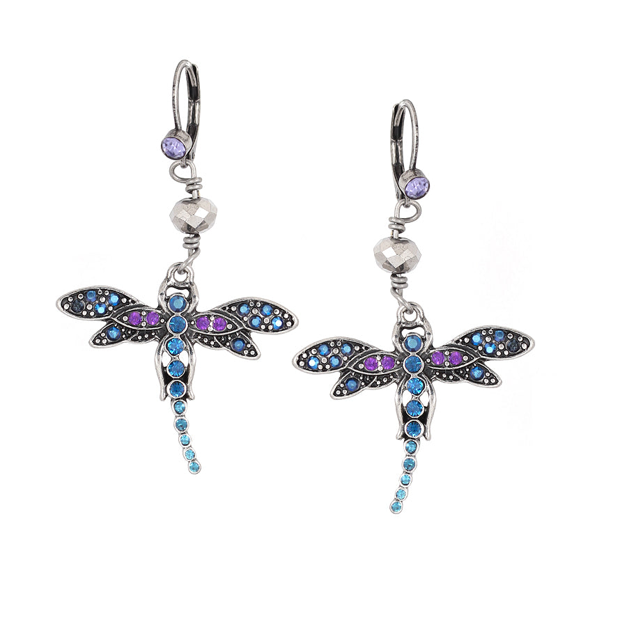 Rhodium-Tone Metal Blue And Purple Crystal Earrings