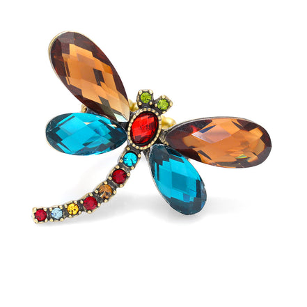 Gold-Tone Mtal Multi Color Crystal Dragonfly Adjustable To Fit Most Size Stretch Ring