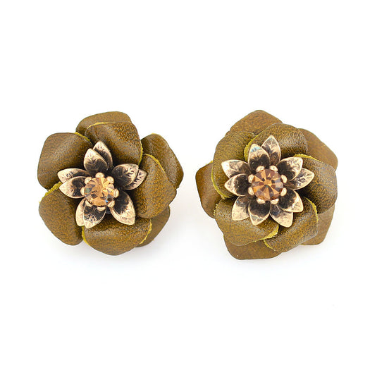 Gold -Tone Metal Olive Flower Earrings