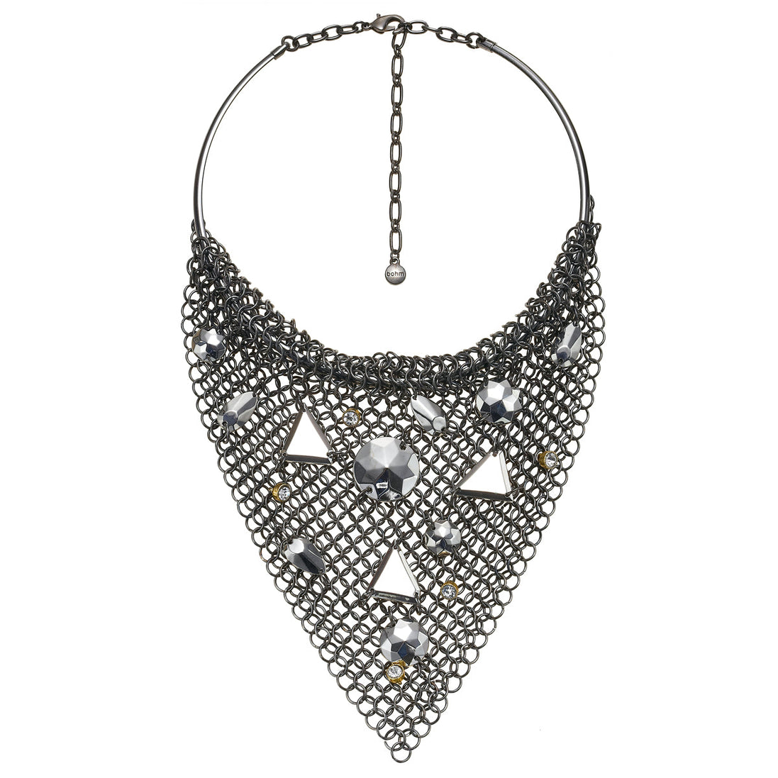 Hematite-Tone Metal Faceted Silver And Crystal Teardrop Choker Necklace